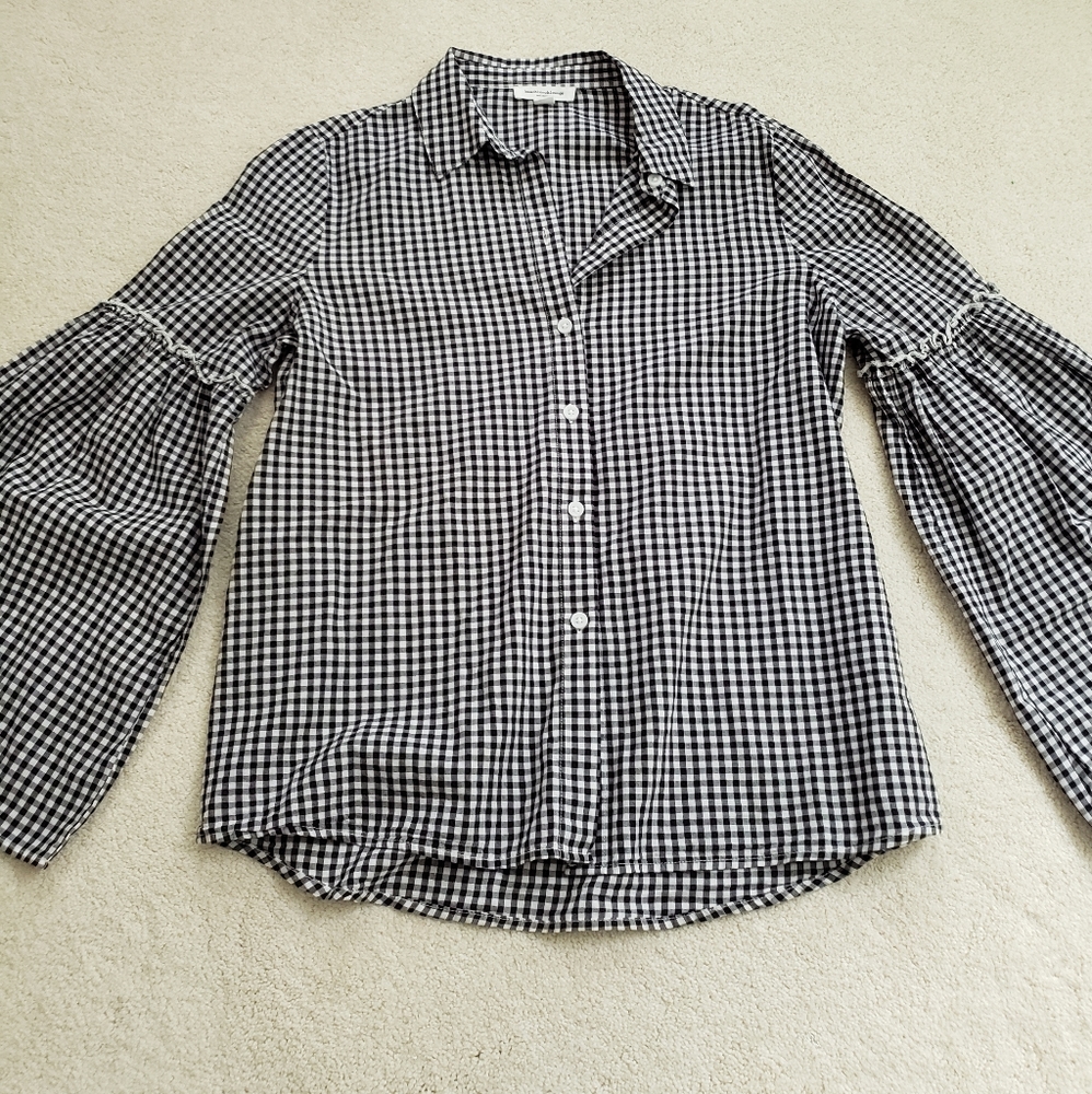 Beachlunchlounge Black/White Gingham Bell Sleeve Button-down Shirt szS